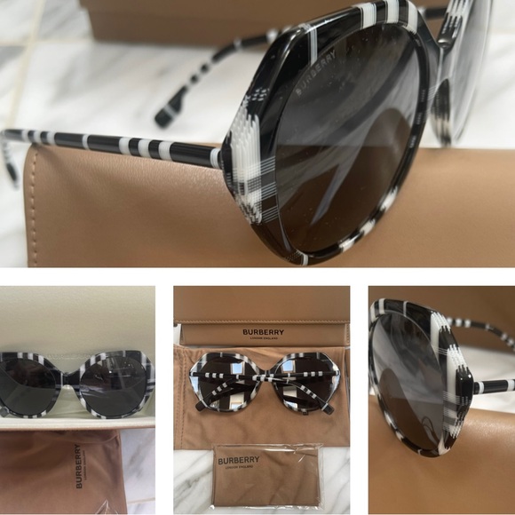 BURBERRY OVERSIZED BLACK AND WHITE CHECK PATTERN SUNGLASSES - Picture 12 of 16